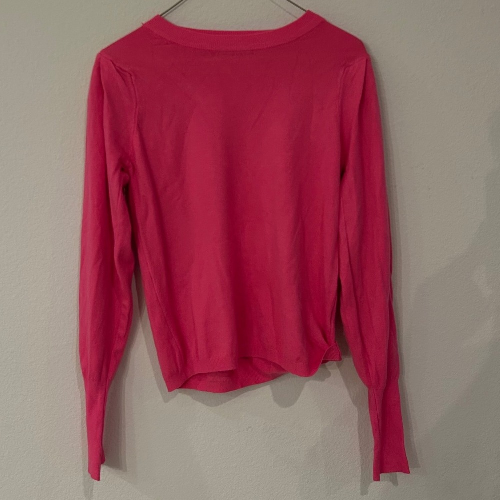 Dèluc Hot Pink Puff Sleeve Sweater Womens Medium Lightweight Knit Crew Neck Soft - Picture 2 of 11